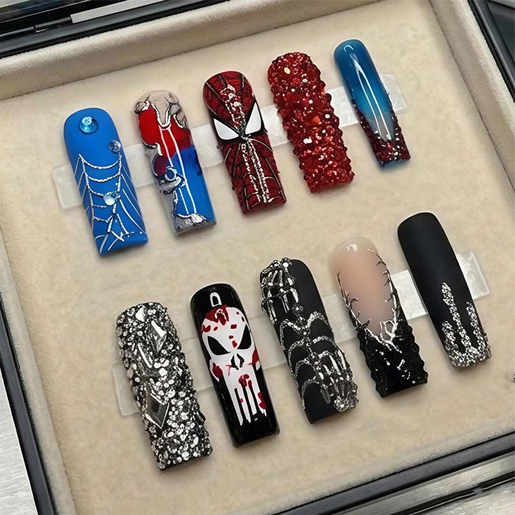 Gothic Red, Blue and Black Nail Set with Silver Chains and Rhinestone Details