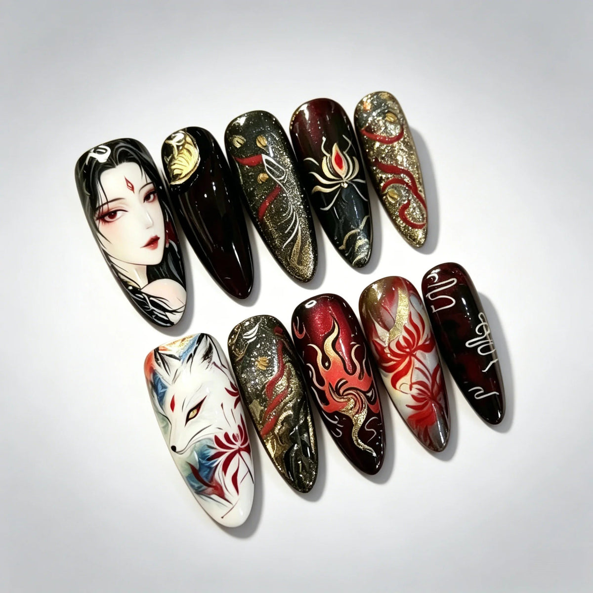 Gothic Red Floral Portrait Nail Set with Gold and Glitter Details