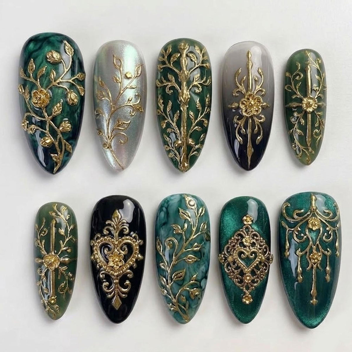 Gothic Renaissance Nails With Emerald, Teal, and Gold Botanical Filigree