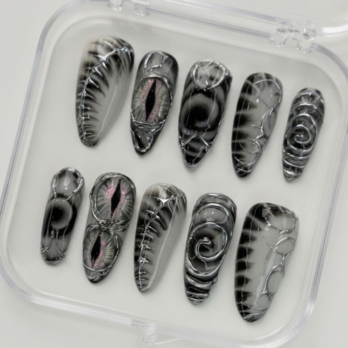 Gothic Reptilian Eye Press-On Nails in Smoky Black and Silver Marble