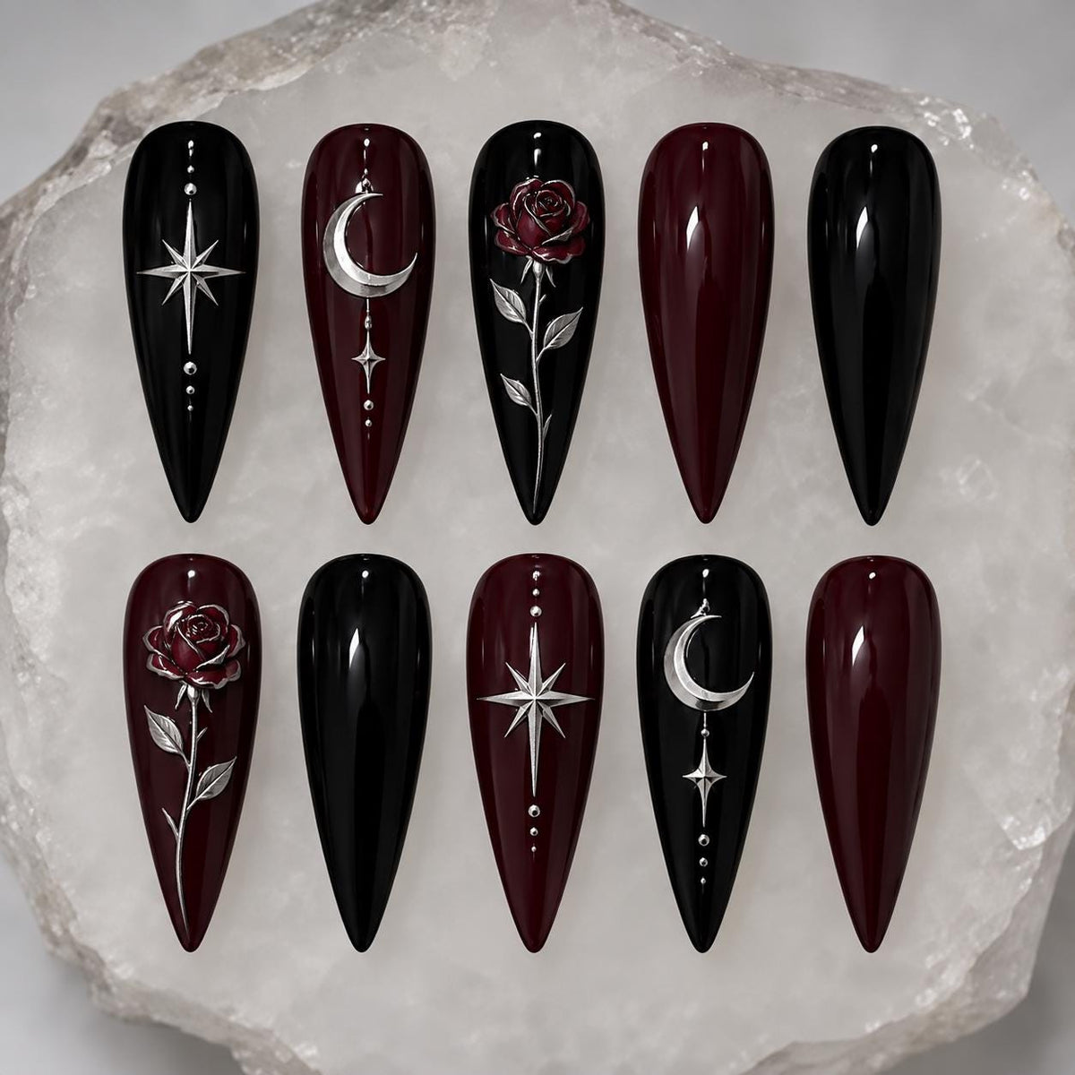 Gothic Rose and Celestial Press On Nails in Black and Burgundy