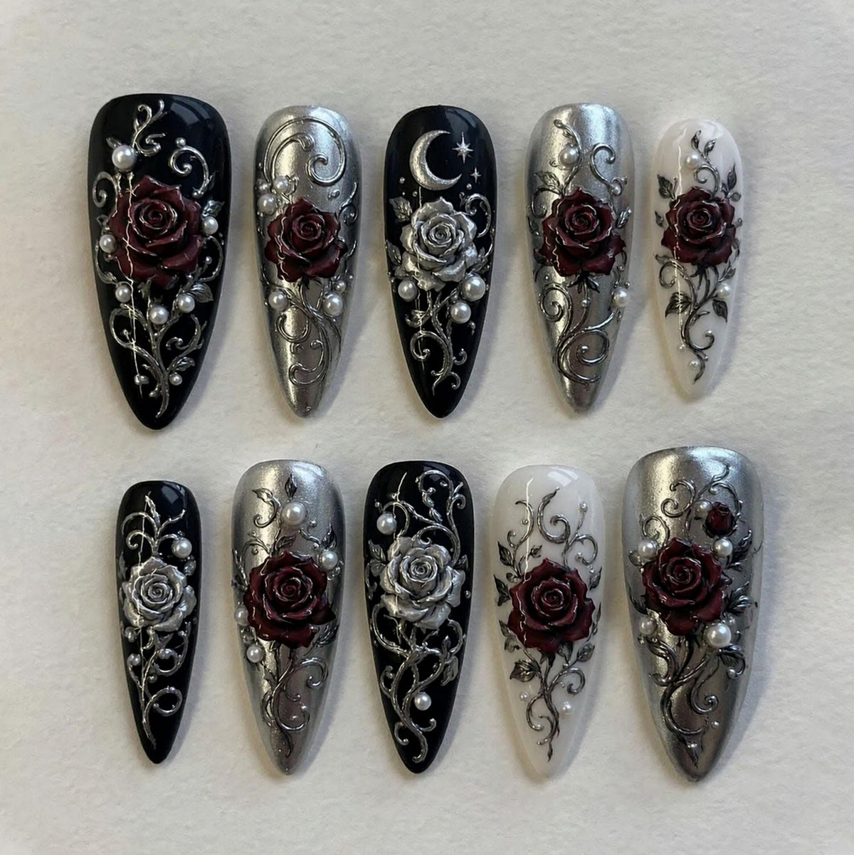 Gothic Rose Nails With Silver Scrollwork, Pearls and Burgundy Floral Details
