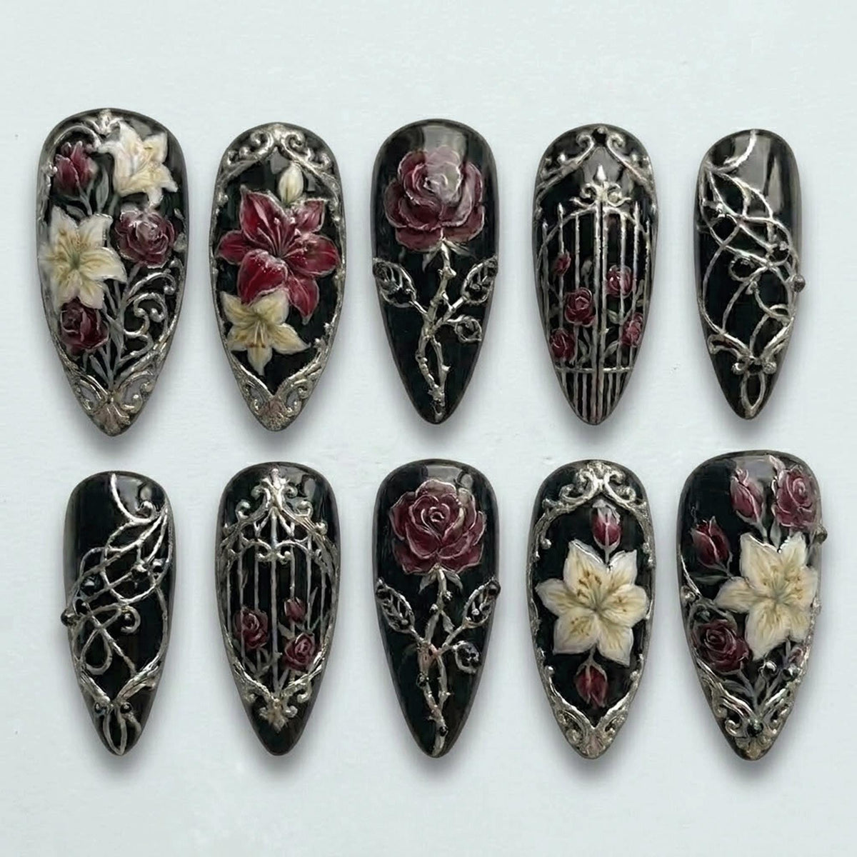 Gothic Rose Press On Nails With Silver Victorian Scrollwork