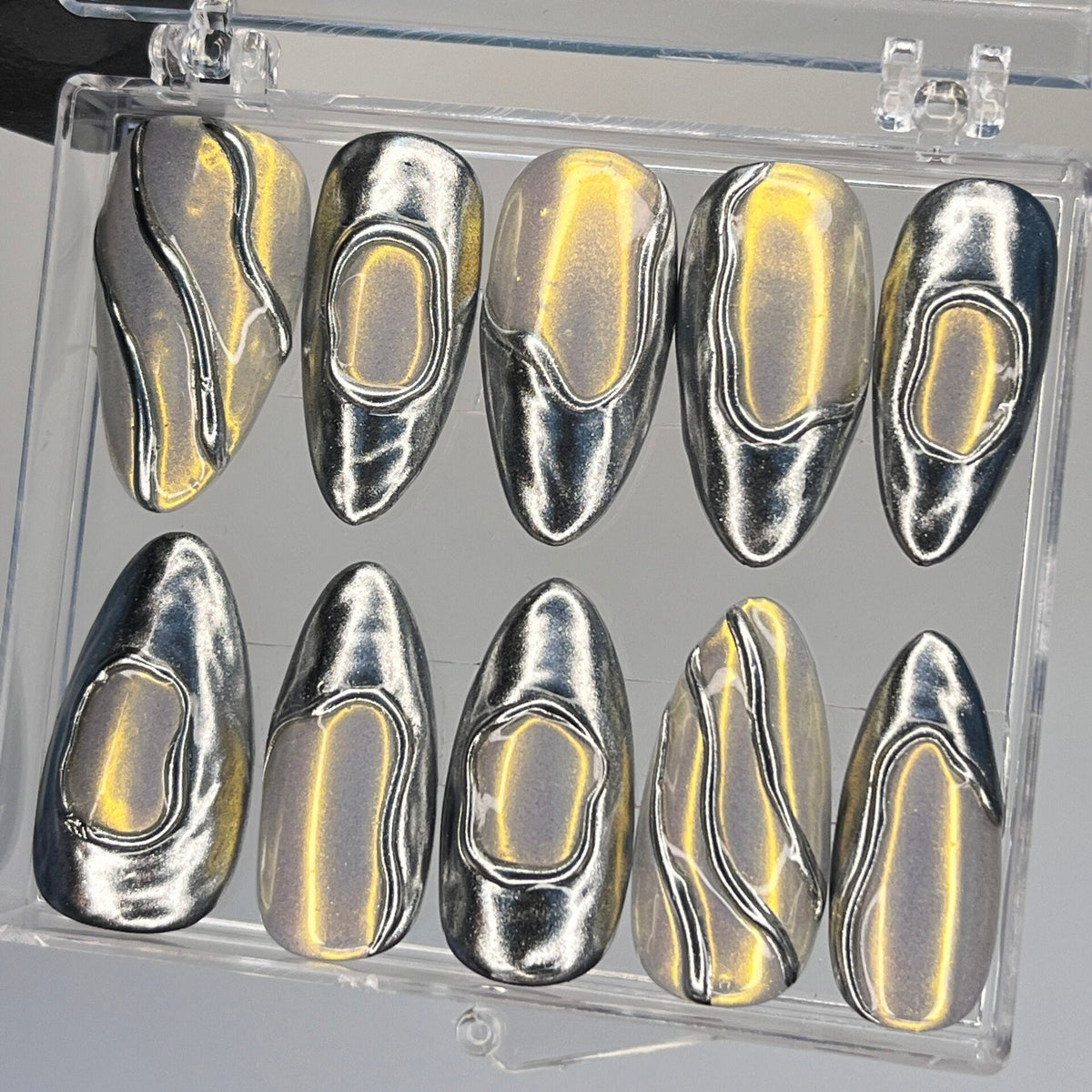 Gothic Silver Chrome and Gold Sculptural Metallic Nail Set