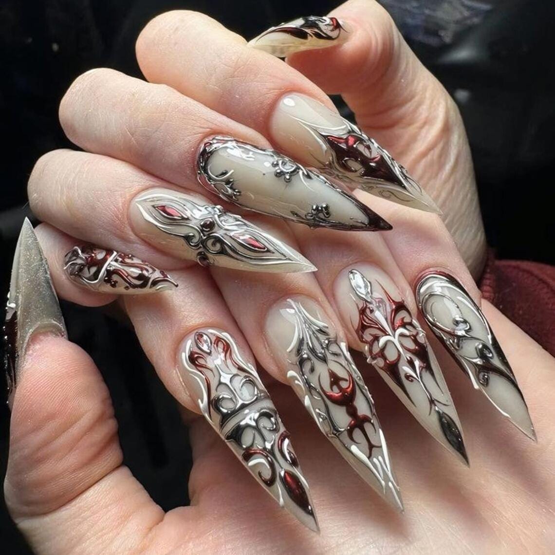 Gothic Silver Chrome Armor Nails With Burgundy 3D Scrollwork for Halloween