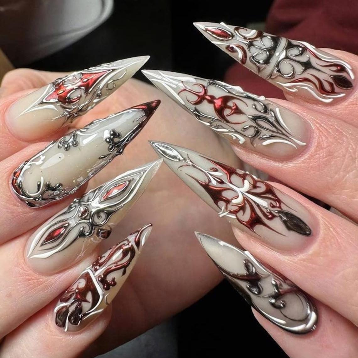 Gothic Silver Chrome Armor Nails With Burgundy 3D Scrollwork for Halloween