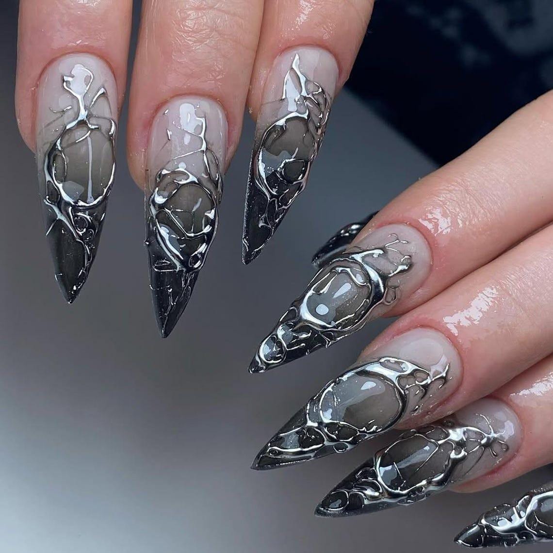 Gothic Silver Chrome Nails With Sculptural Molten-Metal Details