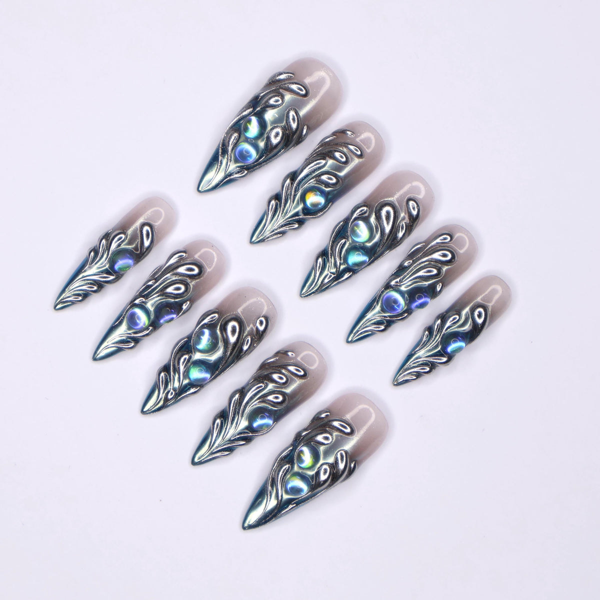 Gothic Silver Chrome Scroll Press-On Nails With Iridescent Blue-Green Accents