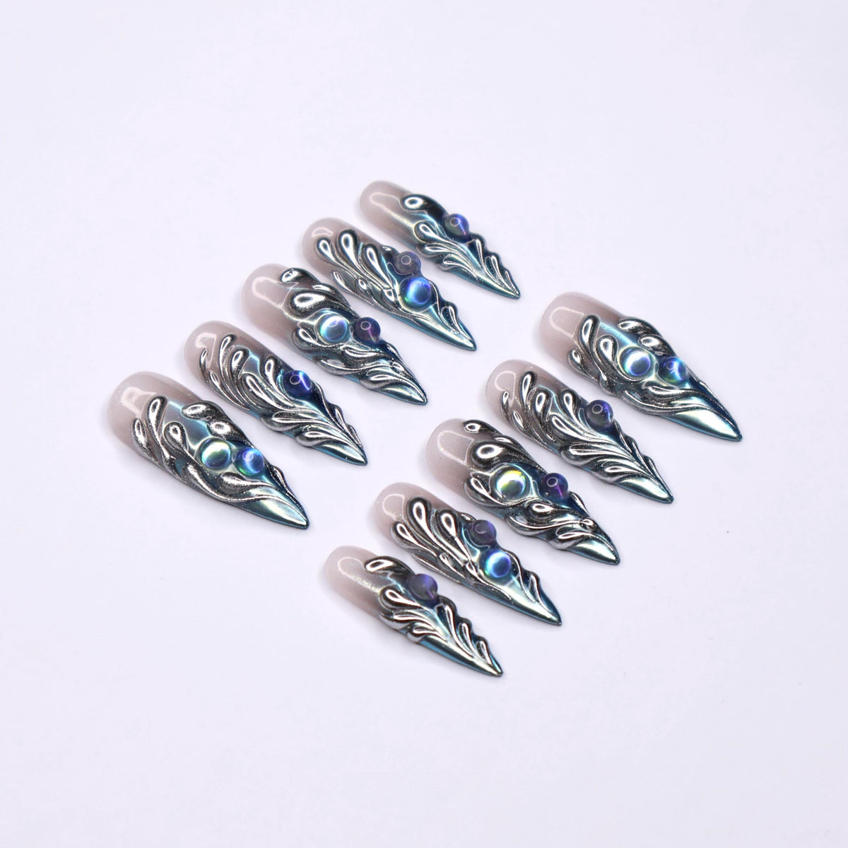 Gothic Silver Chrome Scroll Press-On Nails With Iridescent Blue-Green Accents
