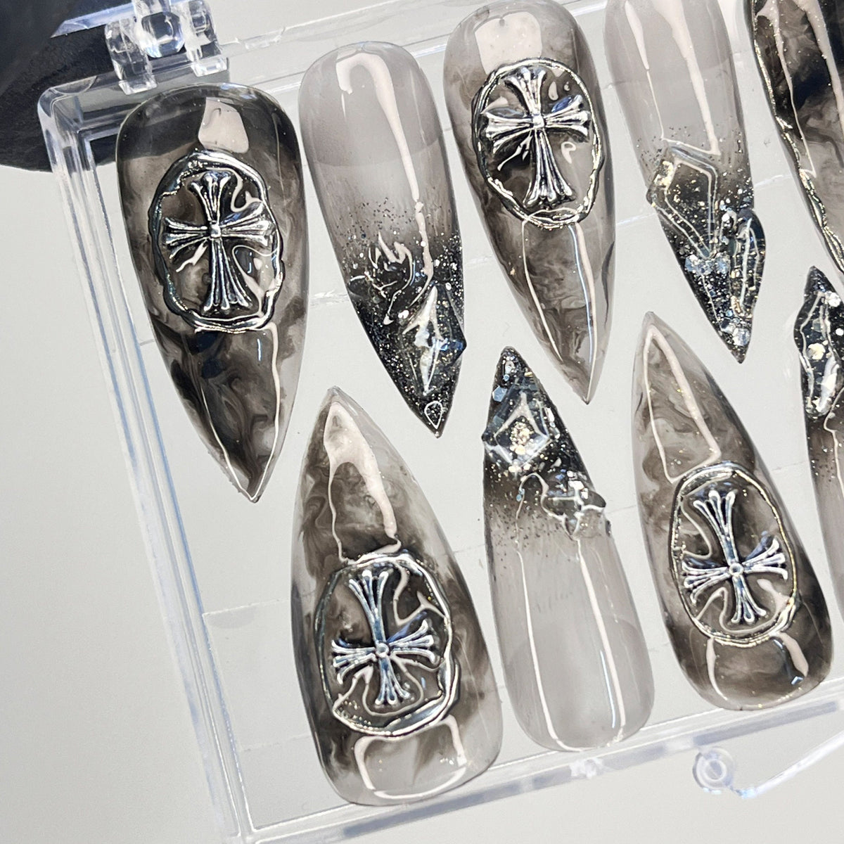 Gothic Silver Cross Nails With Smoky Black Marble and Clear Accents
