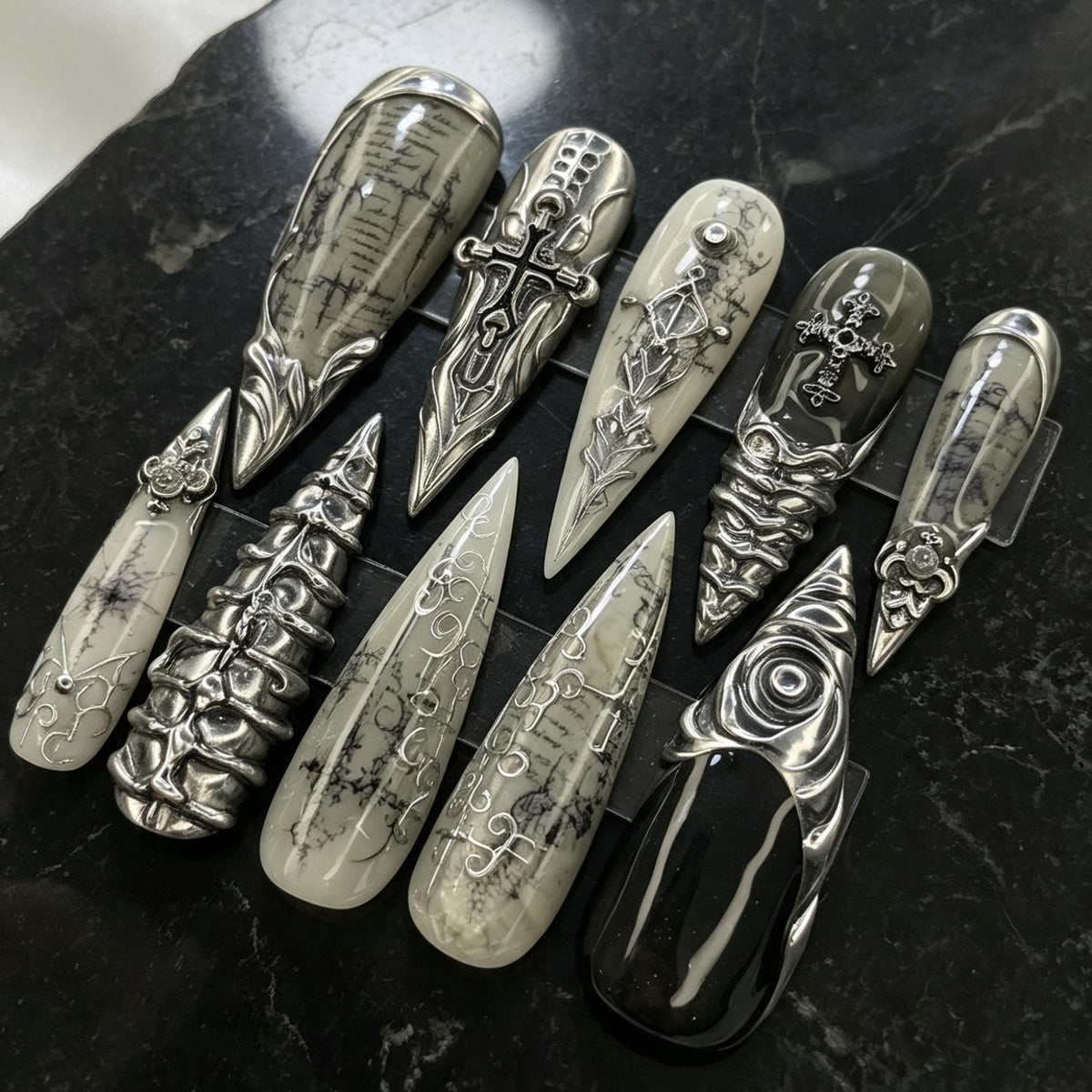 Gothic Silver Cross Press-On Nails With Raised Scrollwork and Dark Script