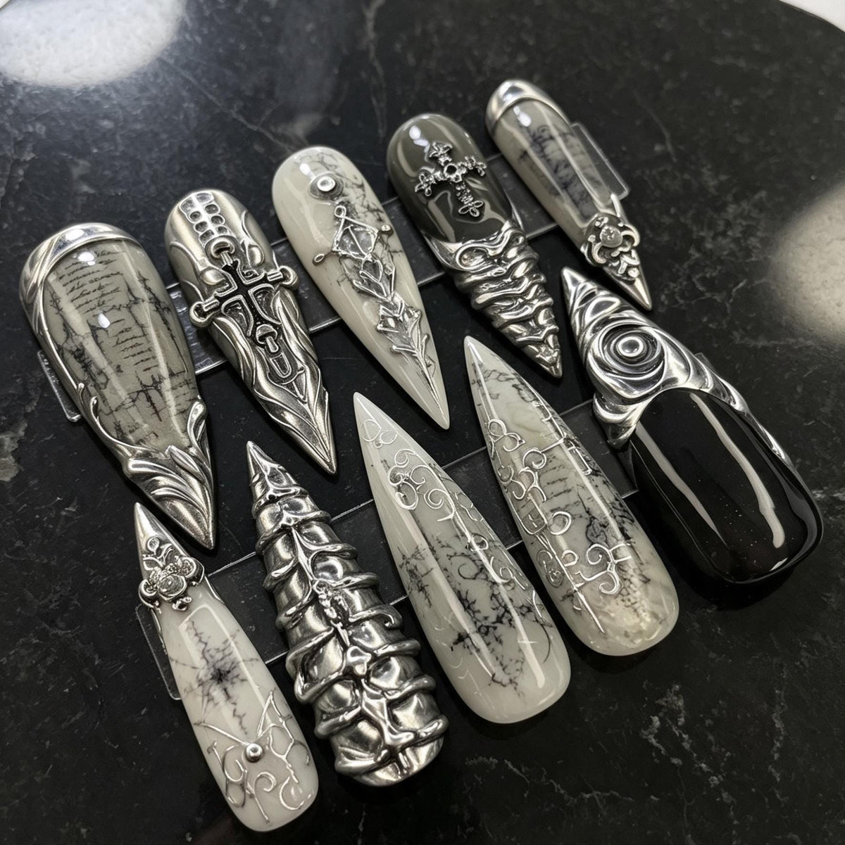 Gothic Silver Cross Press-On Nails With Raised Scrollwork and Dark Script
