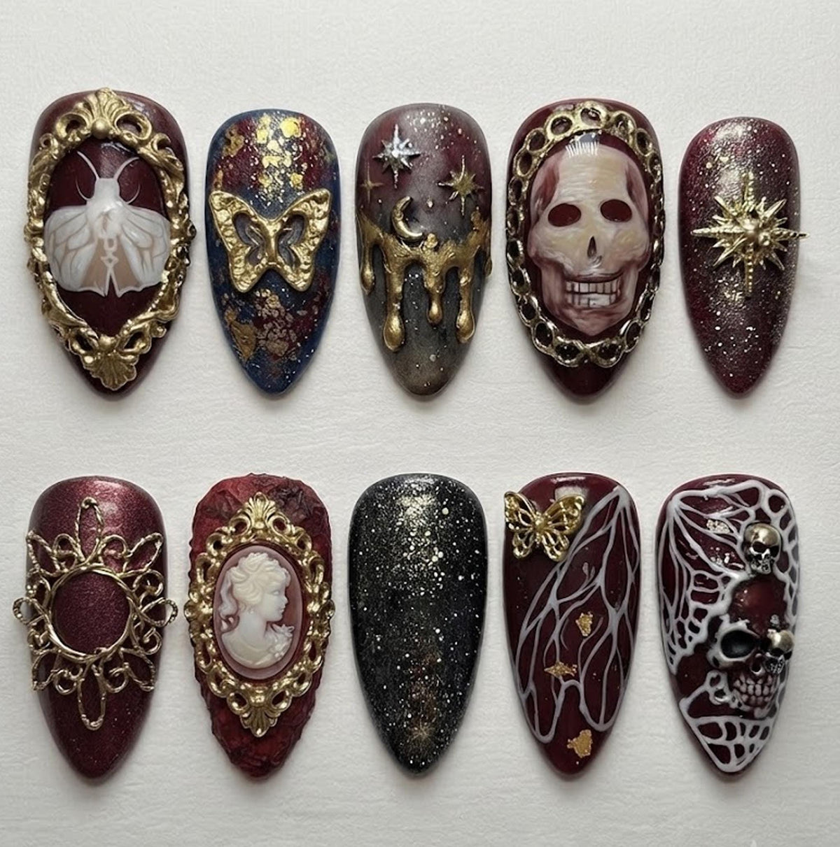 Gothic Skull and Moth Cameo Nails With Gold Filigree and Spiderweb Details