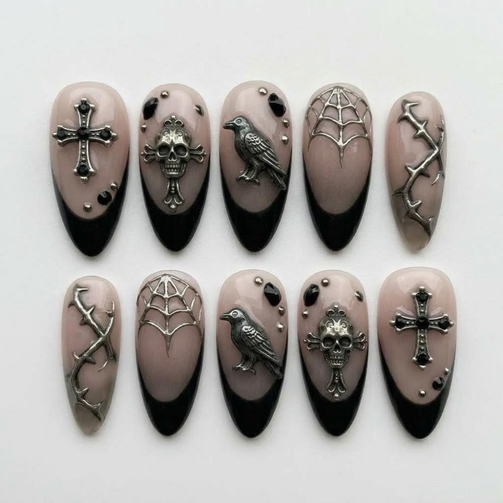 Gothic Skull and Raven French Tip Nail Set with Silver Charms