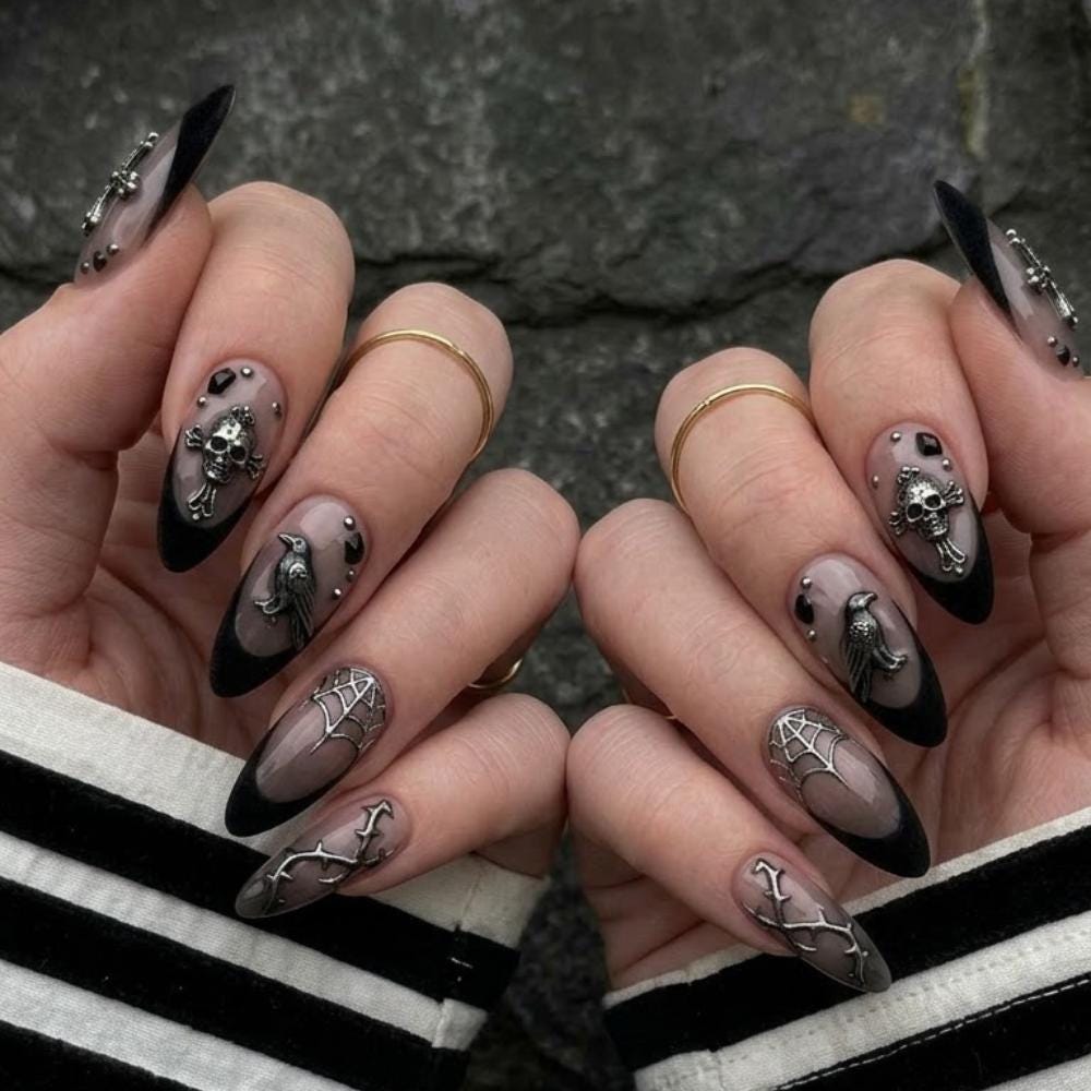 Gothic Skull and Raven French Tip Nail Set with Silver Charms