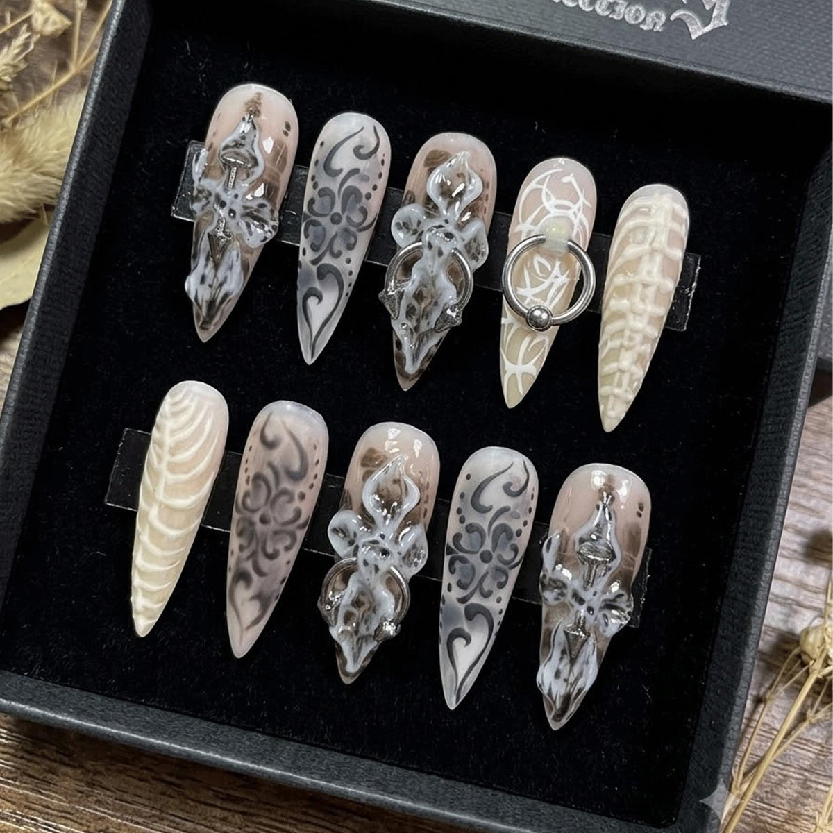 Gothic Skull and Skeleton Nails with Raised Details and Silver-Tone Accents