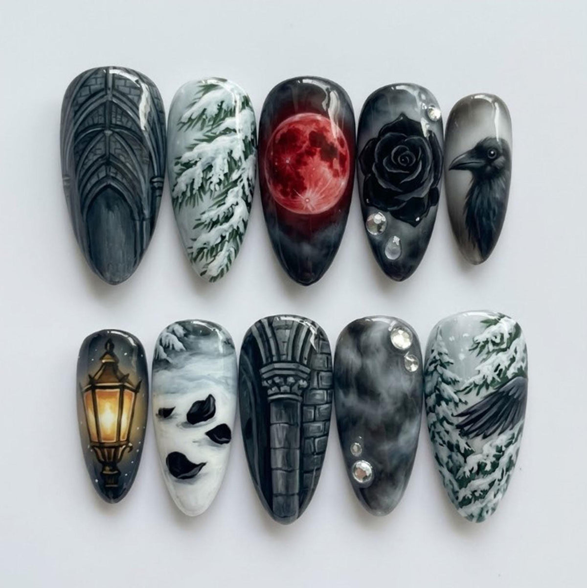 Gothic Snowy Forest Nail Set With Blood Moon, Raven, Rose and Lantern