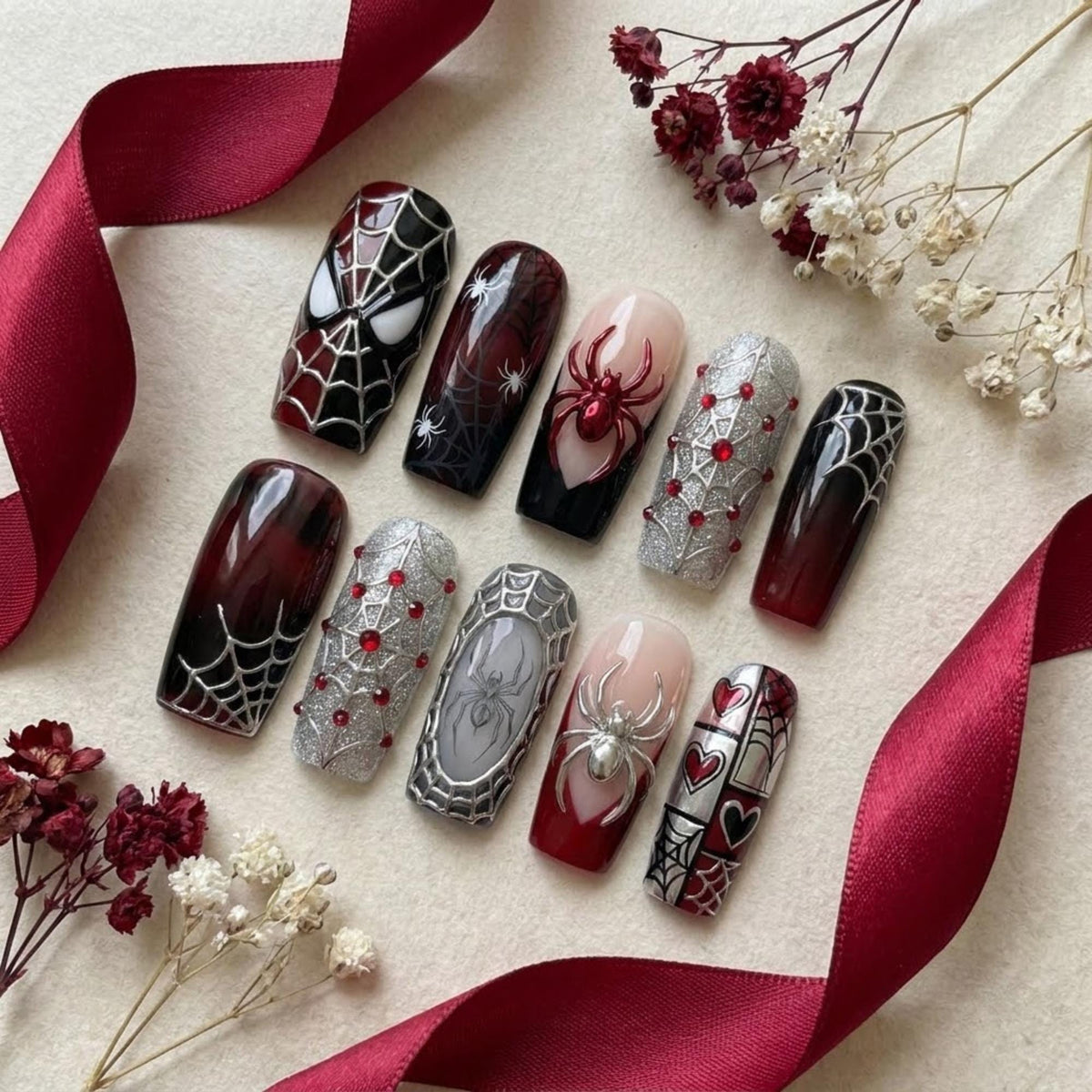 Gothic Spider Nails in Black, Deep Red, Silver Glitter and Web Art