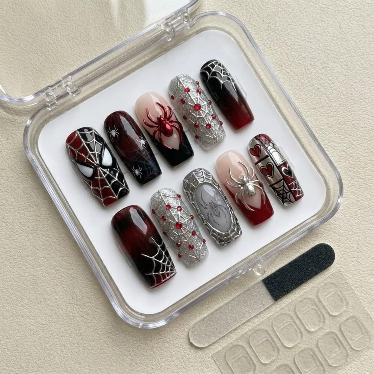 Gothic Spider Nails in Black, Deep Red, Silver Glitter and Web Art