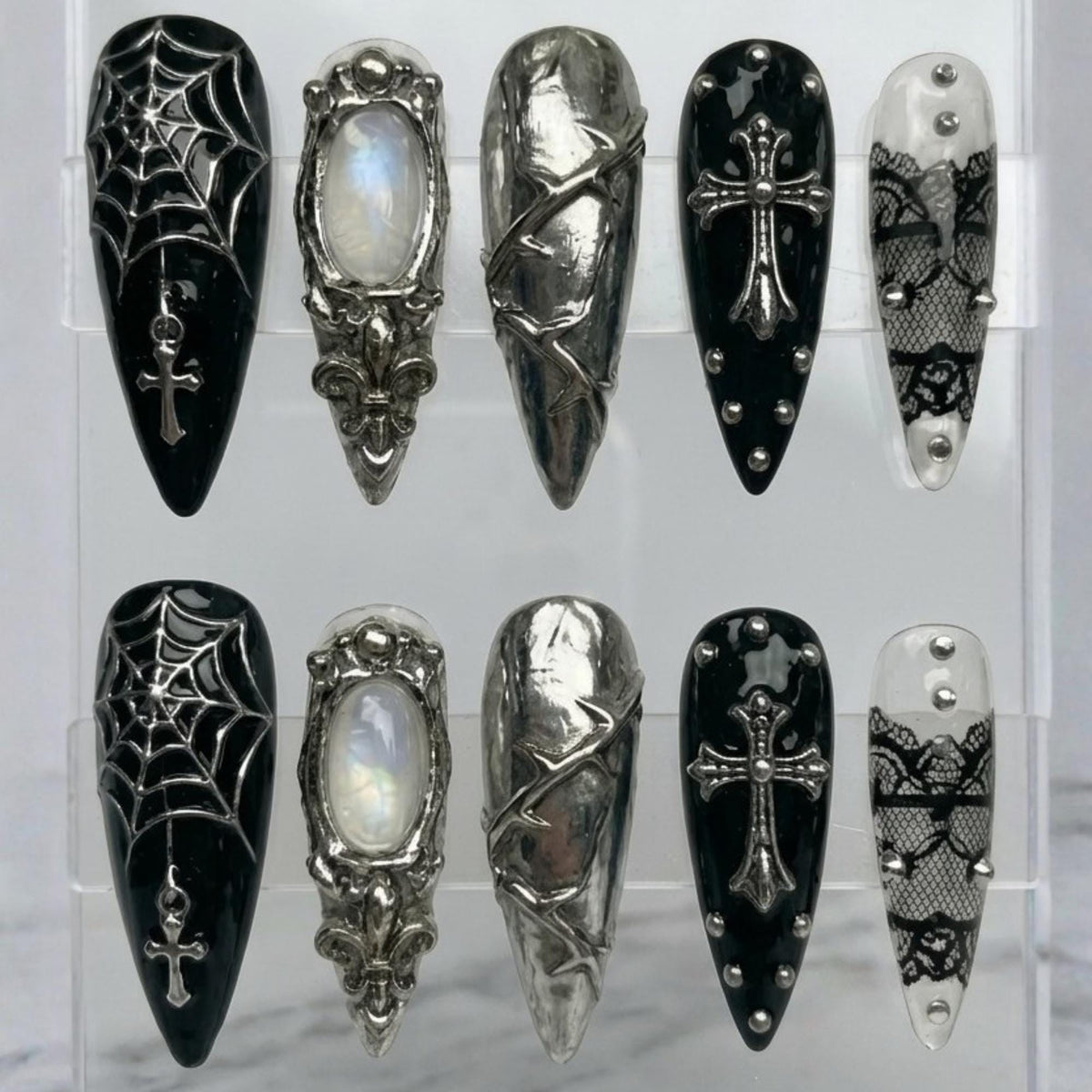 Gothic Spiderweb, Lace and Silver Cross Press On Nails