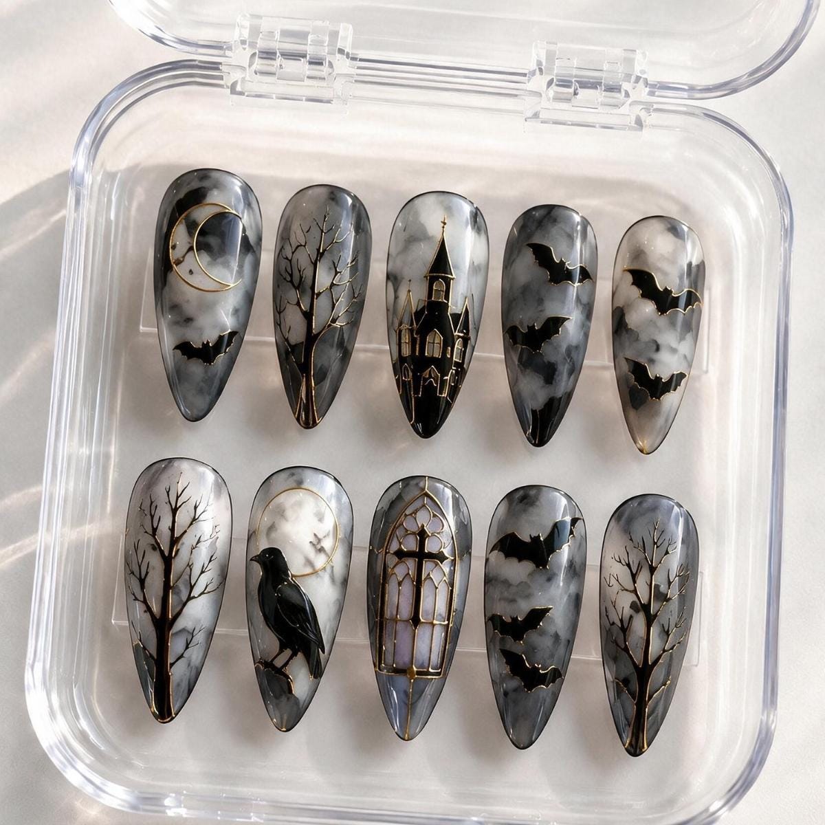 Gothic Stained Glass Press-On Nails With Bats, Raven, Moon, and Gold Lines