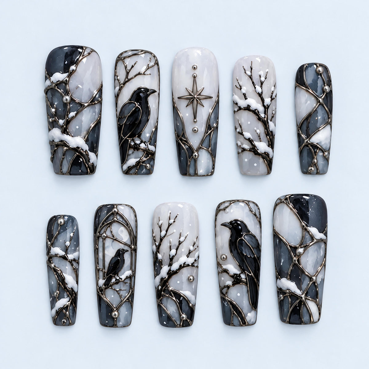 Gothic Stained Glass Raven Nails with Snowy Branches and Silver Star