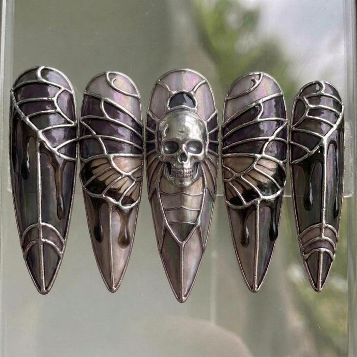 Gothic Stained Glass Skull and Butterfly Wing Press On Nails