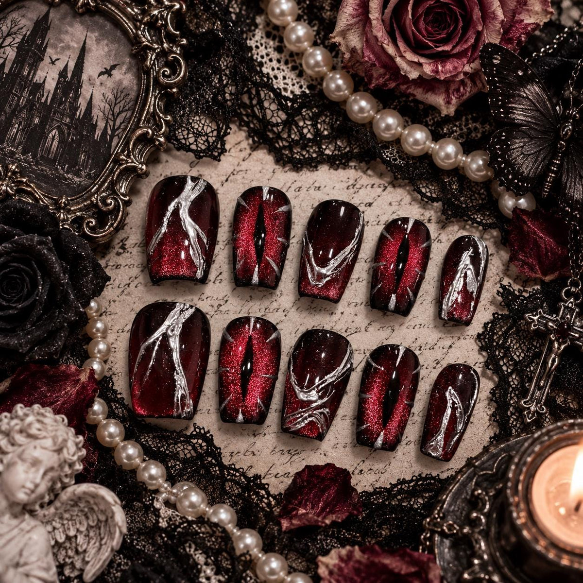 Gothic Vampire Burgundy and Black Cat Eye Press On Nails with Raised Silver Swirls