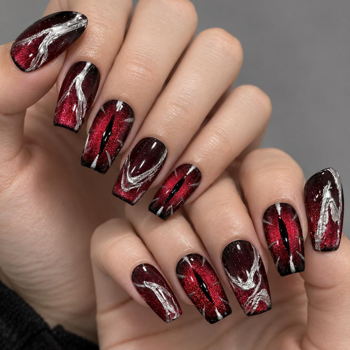Gothic Vampire Burgundy and Black Cat Eye Press On Nails with Raised Silver Swirls