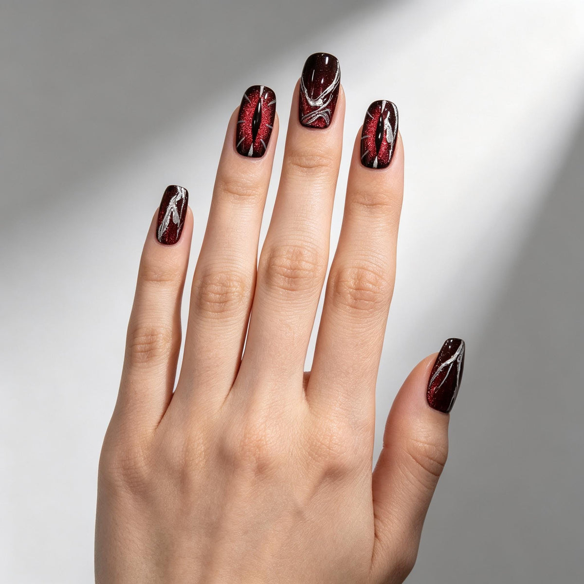 Gothic Vampire Burgundy and Black Cat Eye Press On Nails with Raised Silver Swirls