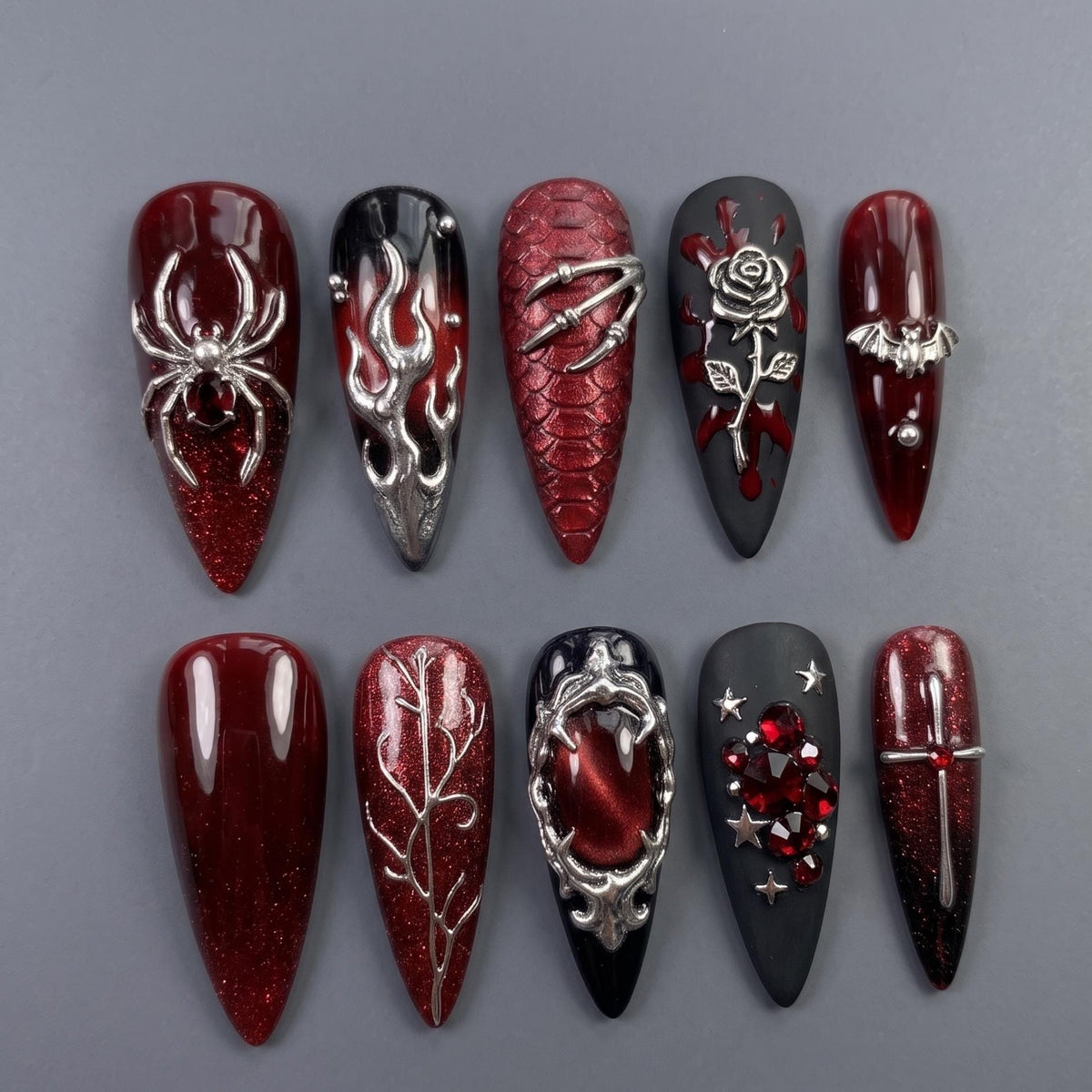 Gothic Vampire Burgundy and Black Nails With Silver 3D Details
