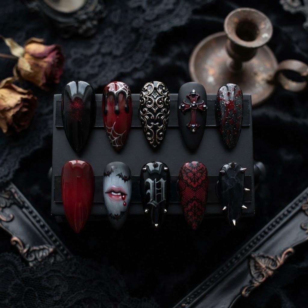 Gothic Vampire Halloween Nails in Black and Burgundy with Spiderwebs and Silver Scrollwork