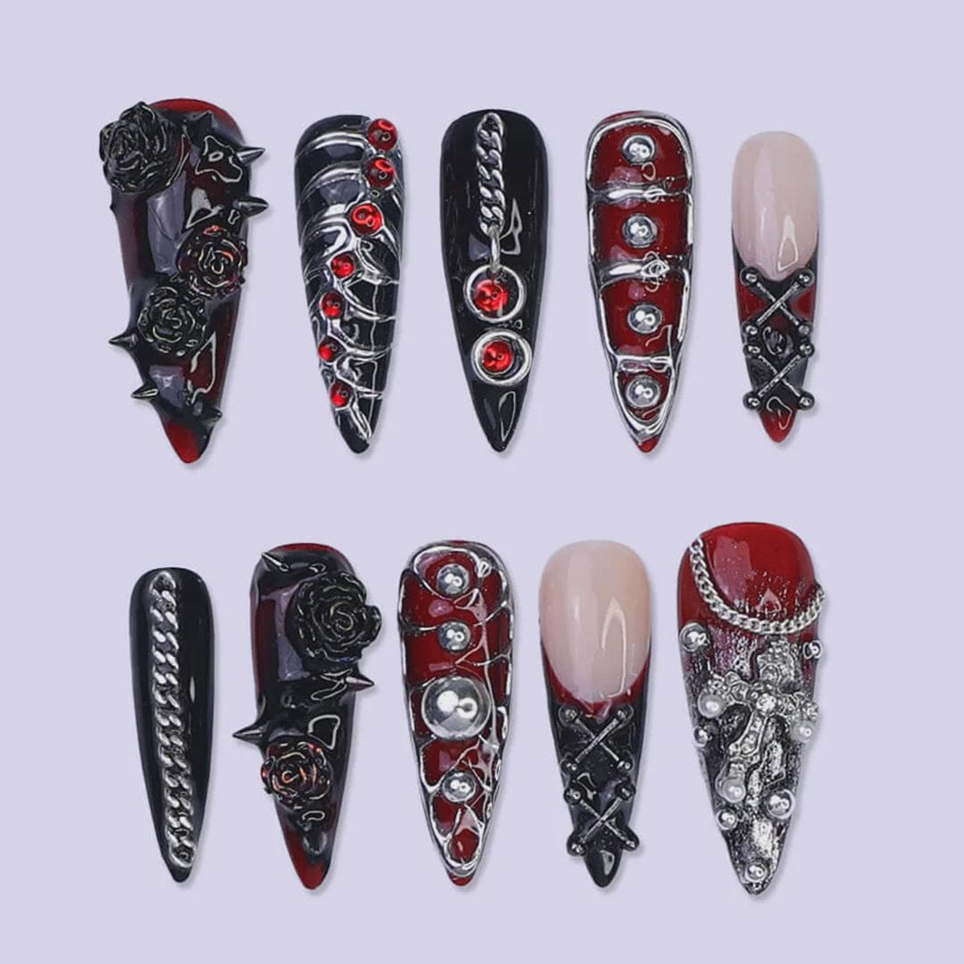 Gothic Vampire Press-On Nails with Roses, Chains and Red Gems