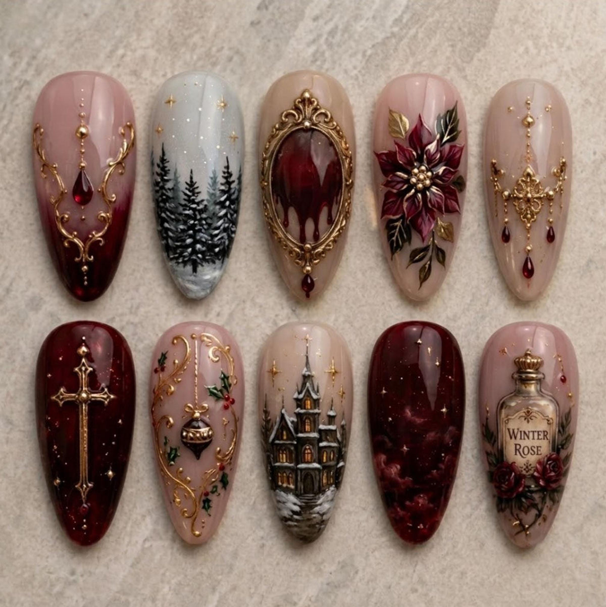 Gothic Winter Press On Nail Set With Gold Cross, Snowy Castle & Winter Rose Bottle
