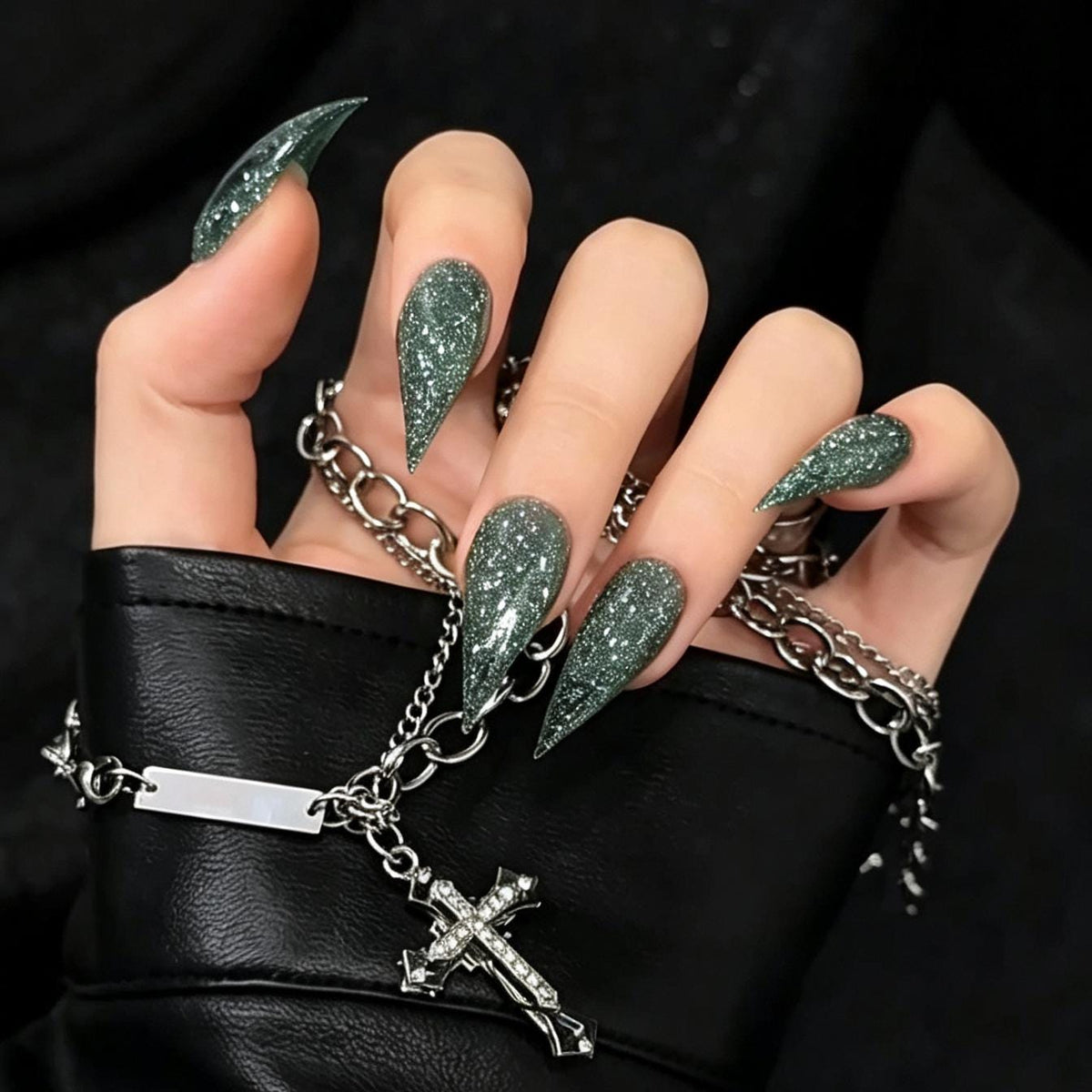 Gothic Witchy Dark Gray-Green Glitter Press-On Nail Set