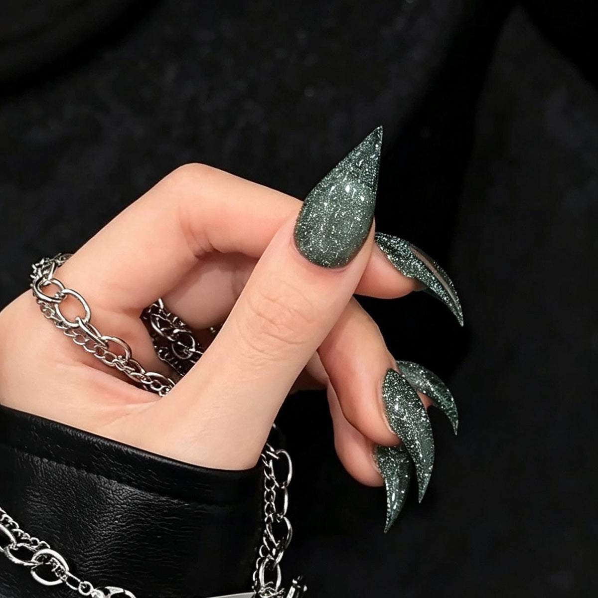Gothic Witchy Dark Gray-Green Glitter Press-On Nail Set