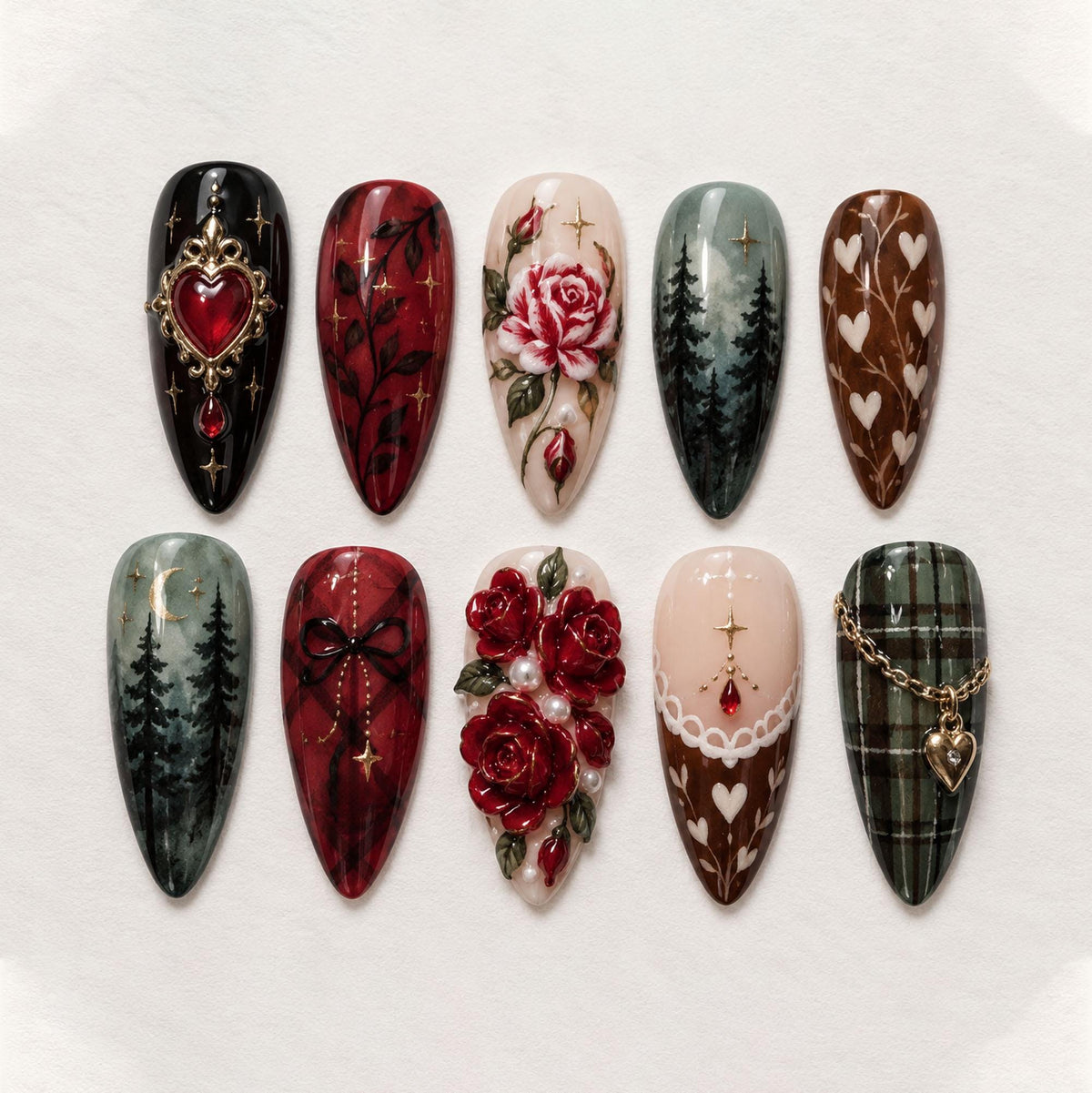 Gothic Woodland Nails With Red Roses, Forest Trees, Plaid, Hearts and Gold Details