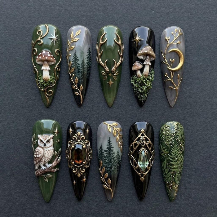 Gothic Woodland Press-On Nails with Mushrooms, Owls, Gold Vines and Jewel-Like Accents