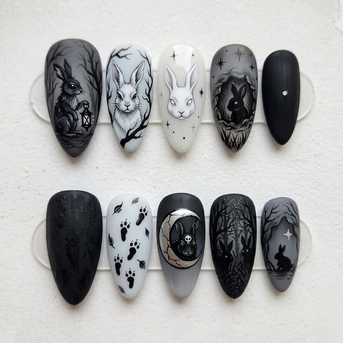 Gothic Woodland Rabbit Nail Set in Black, White, and Gray