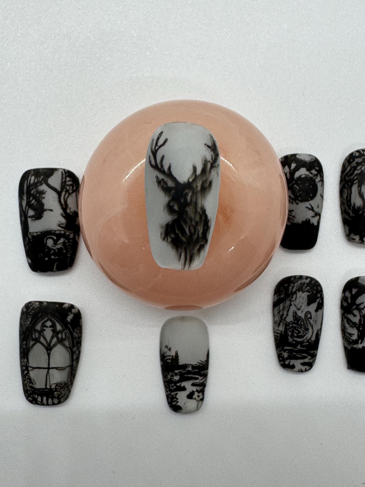 Gothic Woodland Storybook Nails With Monochrome Animal Illustrations