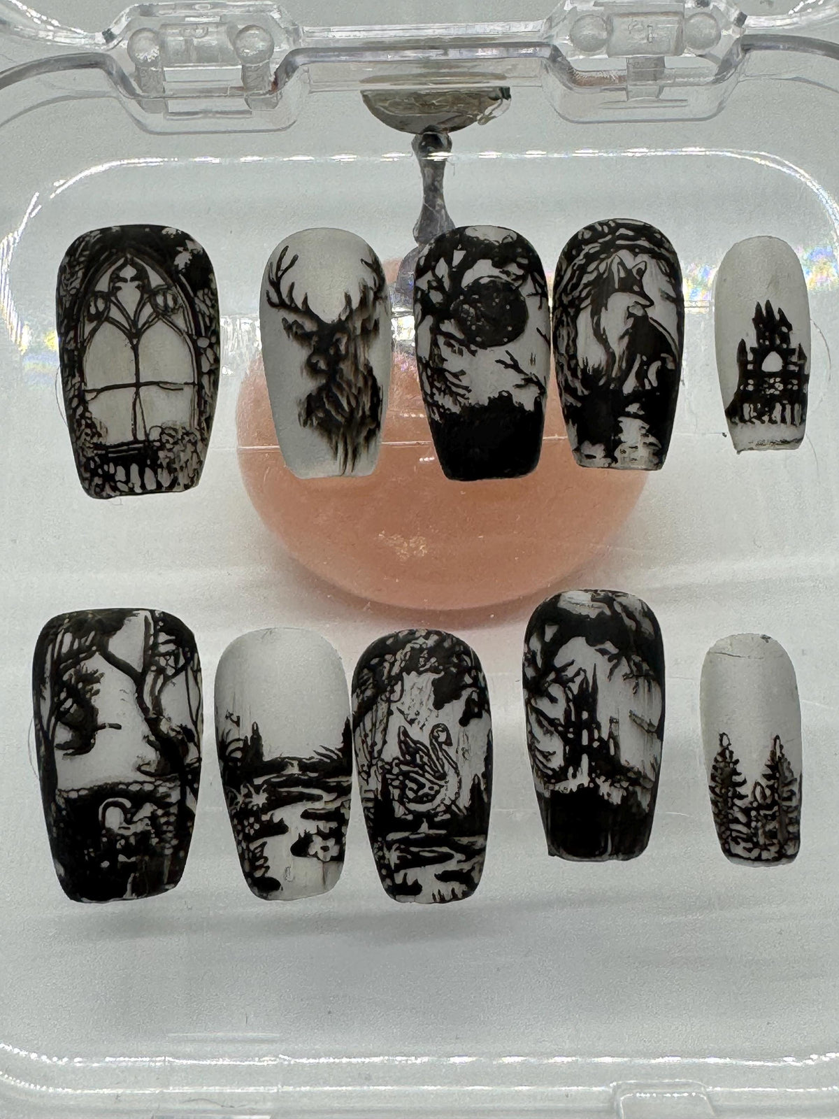 Gothic Woodland Storybook Nails With Monochrome Animal Illustrations