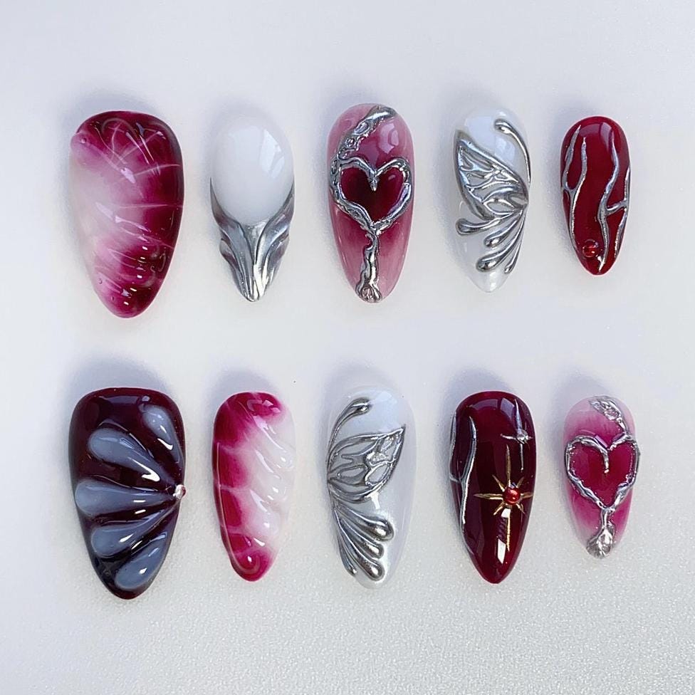 Gothic Y2K Burgundy, Pink and White Marble Nails with Sculpted Silver Details
