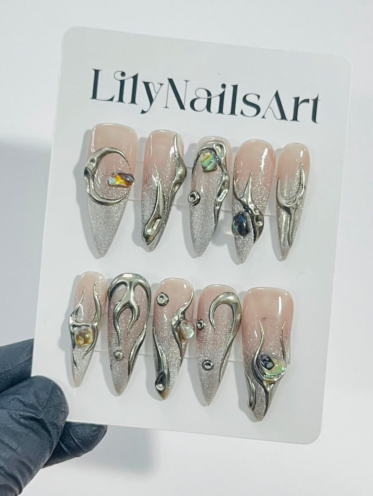 Gothic Y2K Nude Blush Press-On Nails with Silver Glitter, Sculptural Swirls and Iridescent Gems