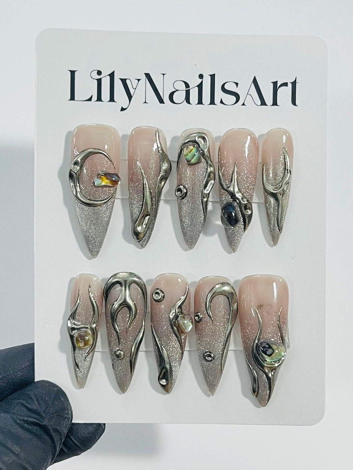 Gothic Y2K Nude Blush Press-On Nails with Silver Glitter, Sculptural Swirls and Iridescent Gems