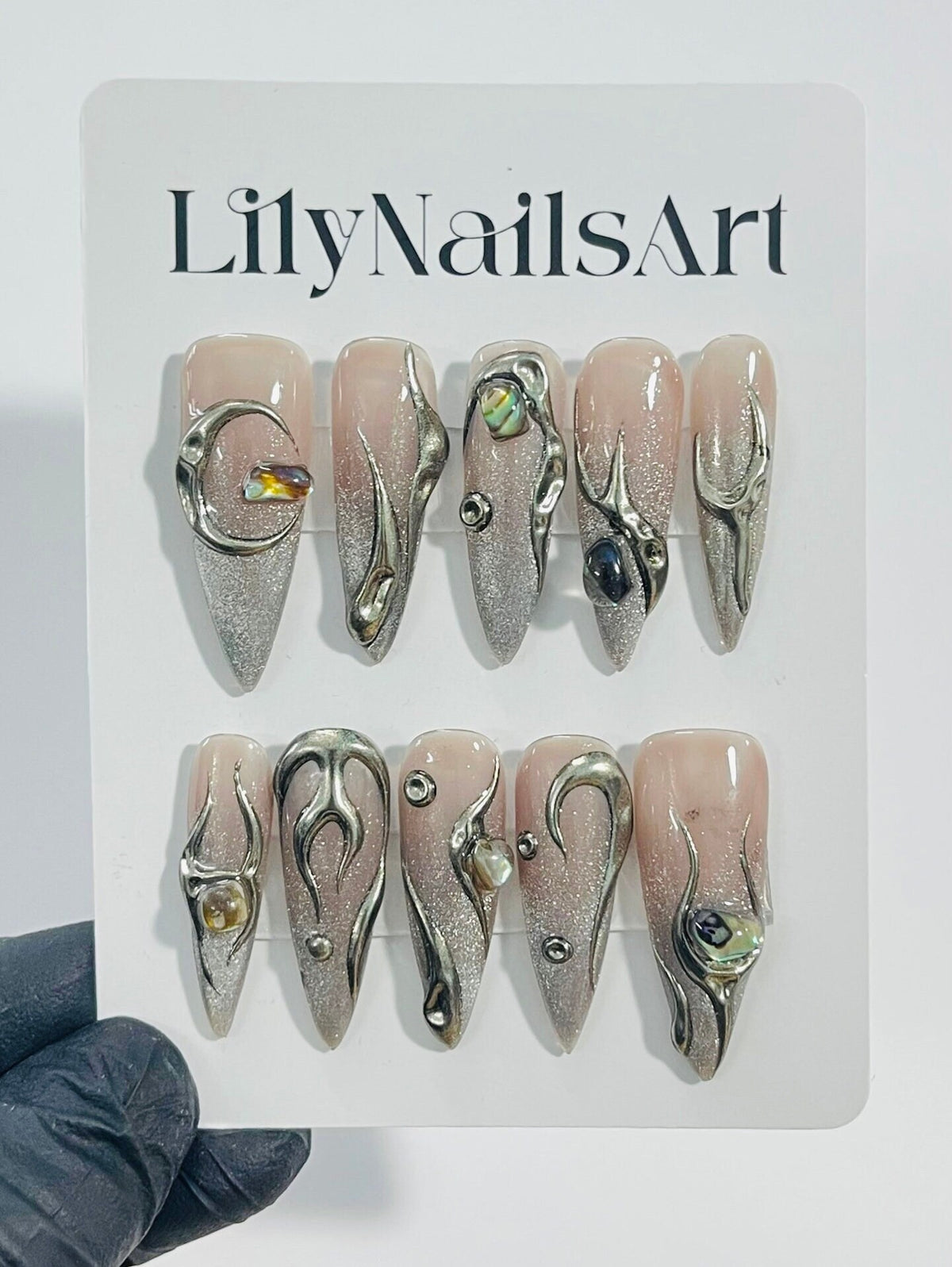 Gothic Y2K Nude Blush Press-On Nails with Silver Glitter, Sculptural Swirls and Iridescent Gems