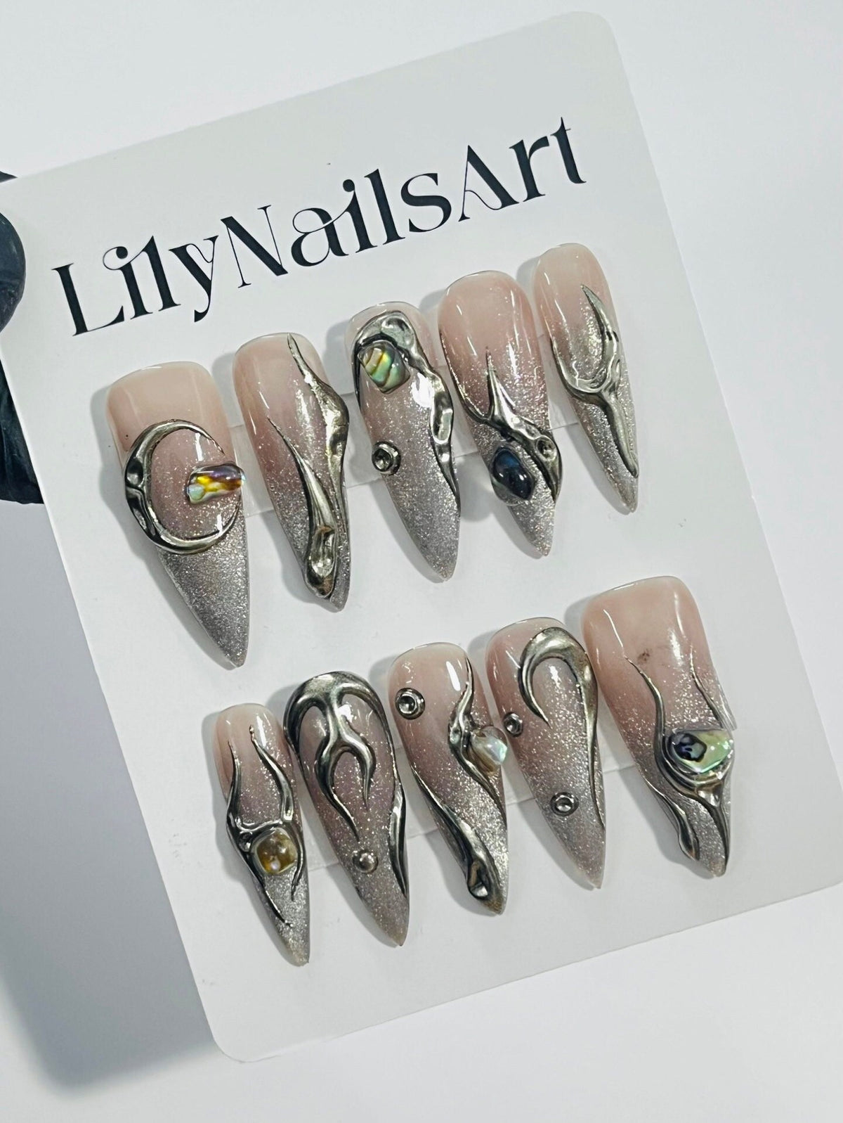 Gothic Y2K Nude Blush Press-On Nails with Silver Glitter, Sculptural Swirls and Iridescent Gems
