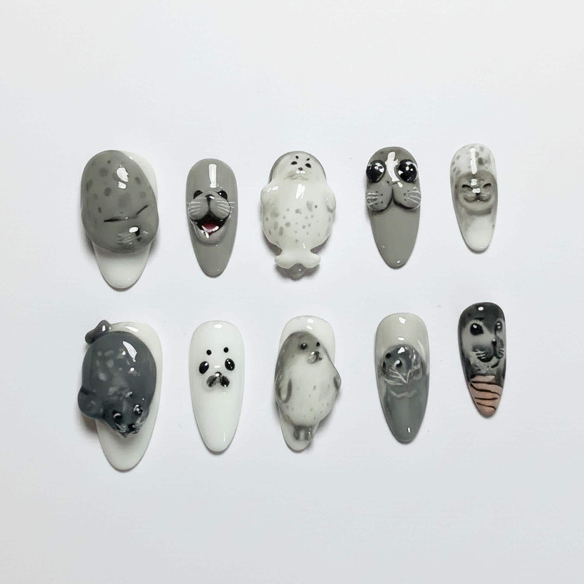 Gray and White 3D Seal Press-On Nails