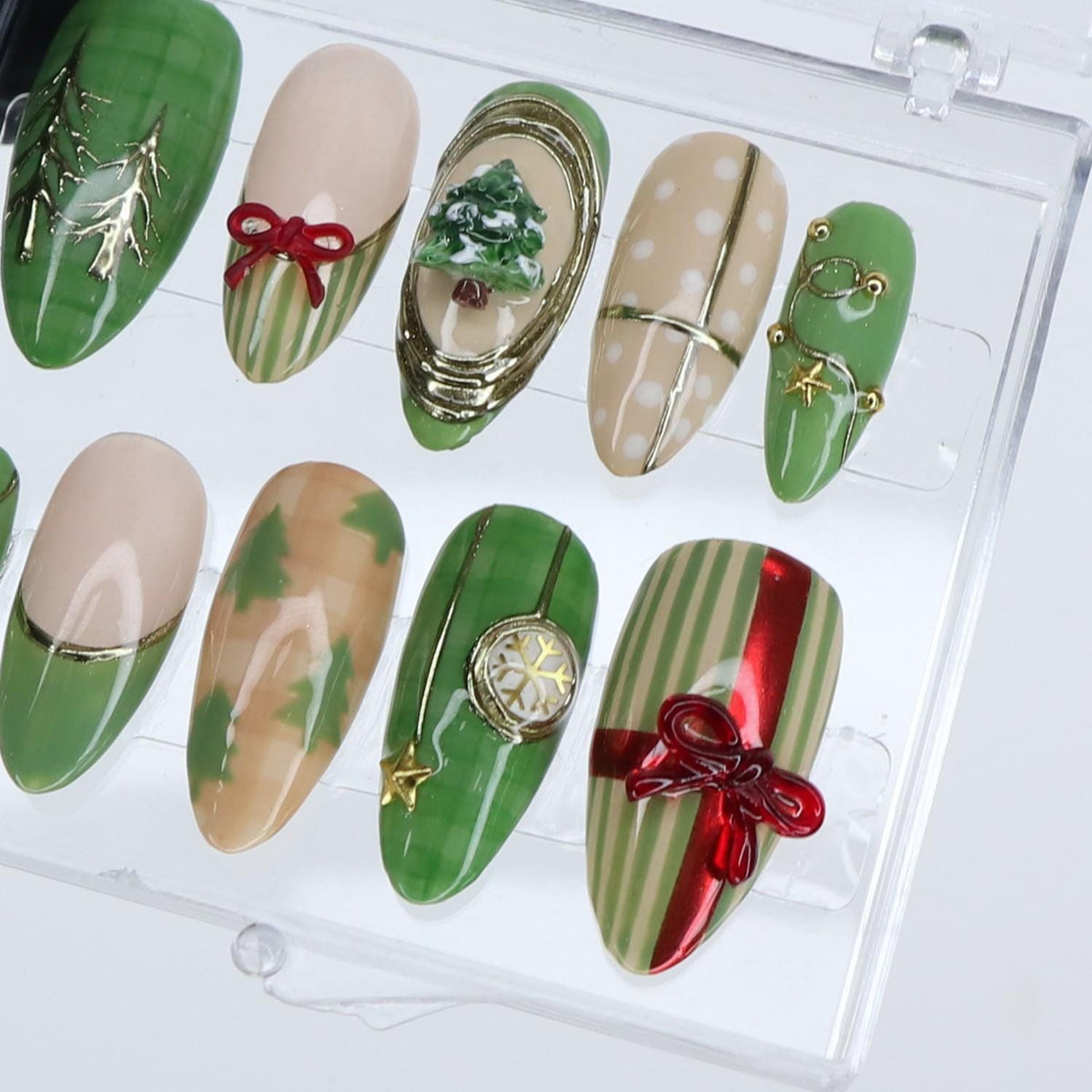 Green and Cream Christmas Nails with Painted Trees, Red Bows and Gold Accents