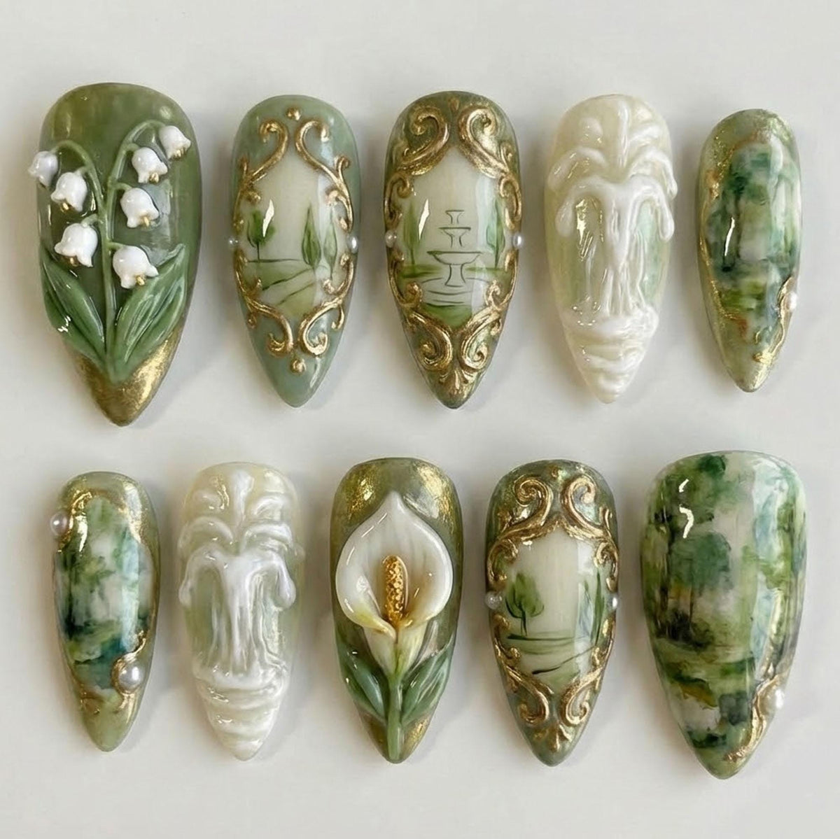 Green and Cream Marble Press-On Nails With 3D Florals and Gold Baroque Details