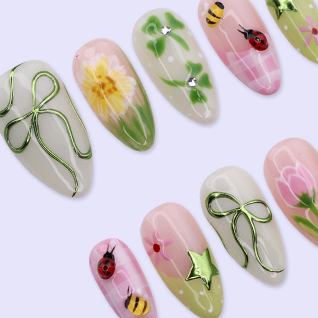 Green and Pink Garden Press On Nails with Clovers, Flowers, Bees, and Ladybugs